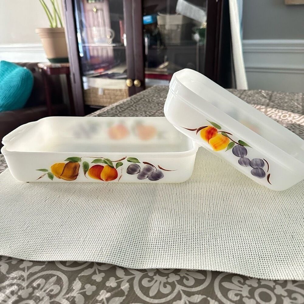Anchor Hocking FIRE KING 2 pc‎ Loaf Pan & Rectangular Peach Blossom Dish Vintage